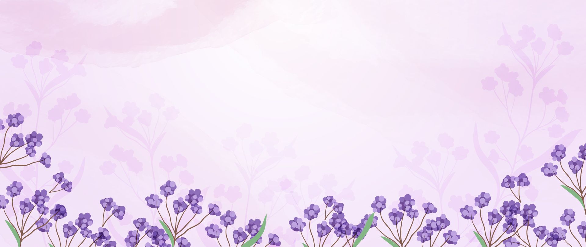 Hintergrund mit lila Blumen, die am unteren Rand angeordnet sind, und einer sanften, verschwommenen lila Farbverlauf im oberen Bereich.